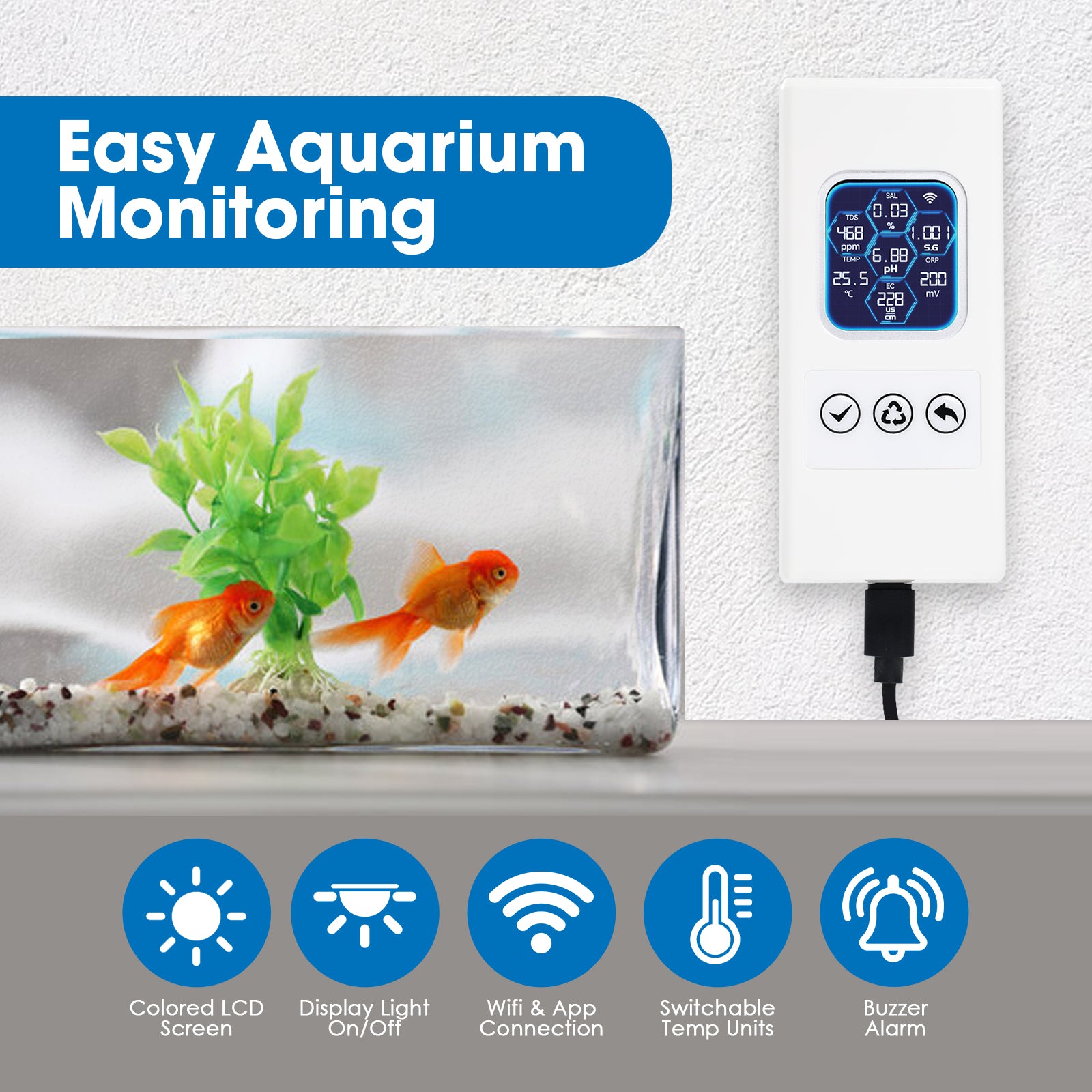 WQM-504 Smart Aquarium Water Quality Monitor – 7-in-1 Real-Time Water Tester for pH, Temperature, TDS, EC, Salinity, Specific Gravity & ORP – WiFi Connected with Mobile Alerts