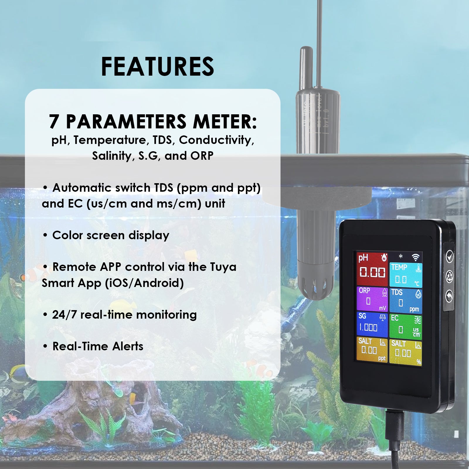 WQM-525 WiFi Smart pH Meter 8-in-1, Multi-Parameter Water Quality Tester for pH/TDS/EC/Salinity/ORP/Temp for Aquarium, Hydroponics, Pool