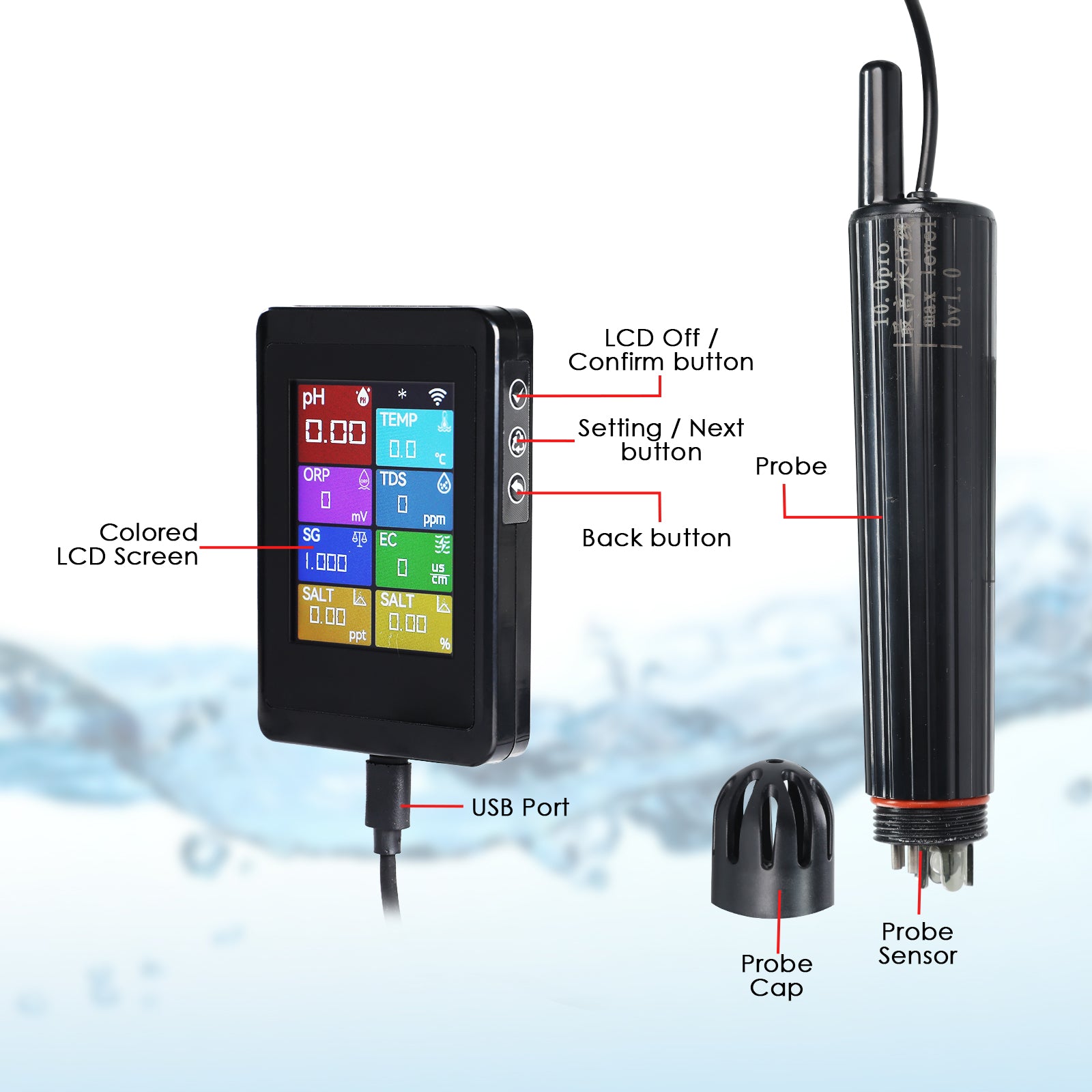 WQM-525 WiFi Smart pH Meter 8-in-1, Multi-Parameter Water Quality Tester for pH/TDS/EC/Salinity/ORP/Temp for Aquarium, Hydroponics, Pool