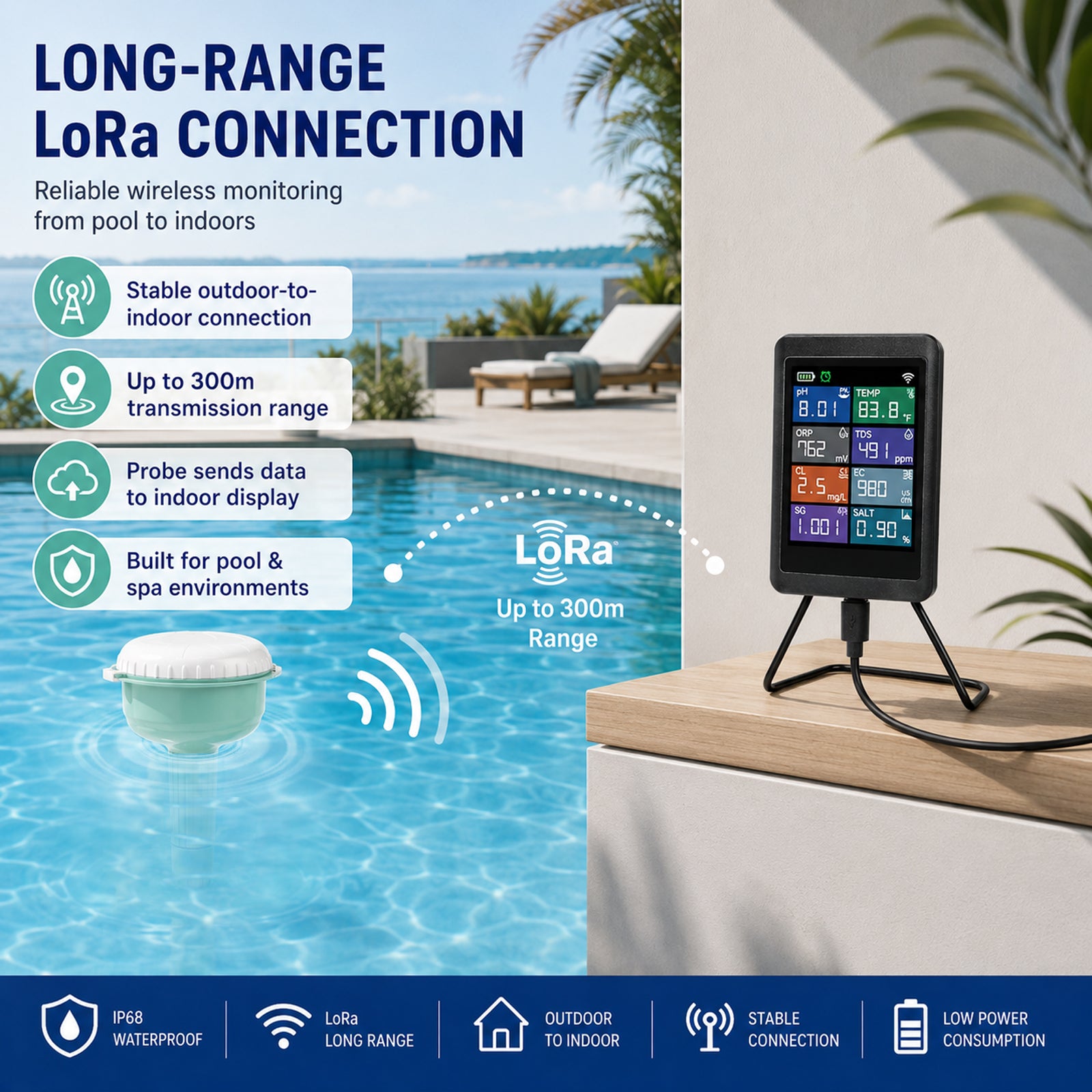 WQM-553 8-in-1 Wifi Tuya Smart Swimming Pool Water Monitor for pH / Temperature / TDS / Electrical Conductivity / Salinity / Chlorine / Specific Gravity / ORP for Pool, Spa, Tubs