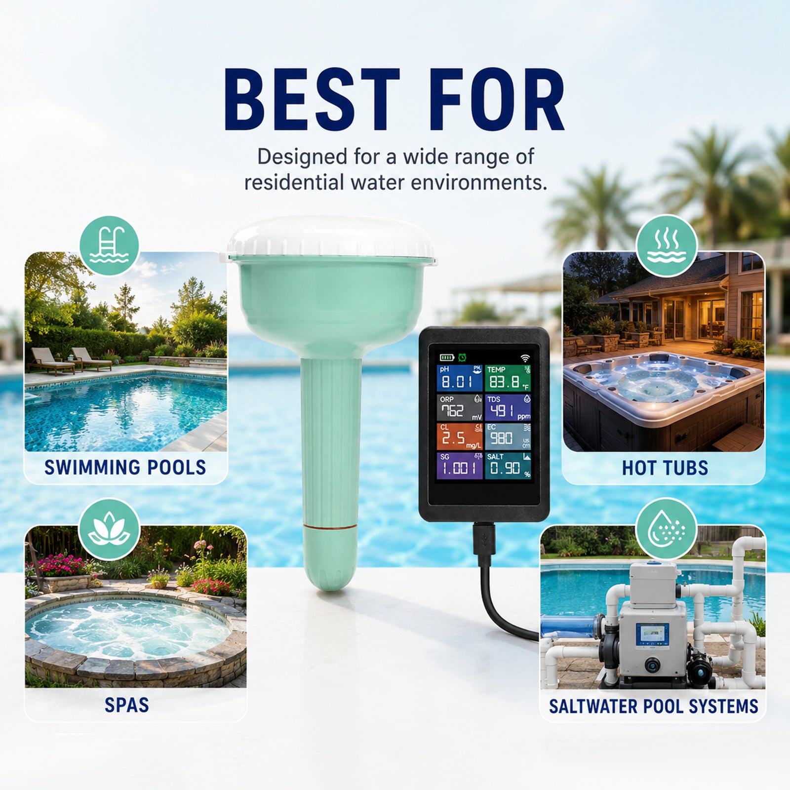 WQM-553 8-in-1 Wifi Tuya Smart Swimming Pool Water Monitor for pH / Temperature / TDS / Electrical Conductivity / Salinity / Chlorine / Specific Gravity / ORP for Pool, Spa, Tubs