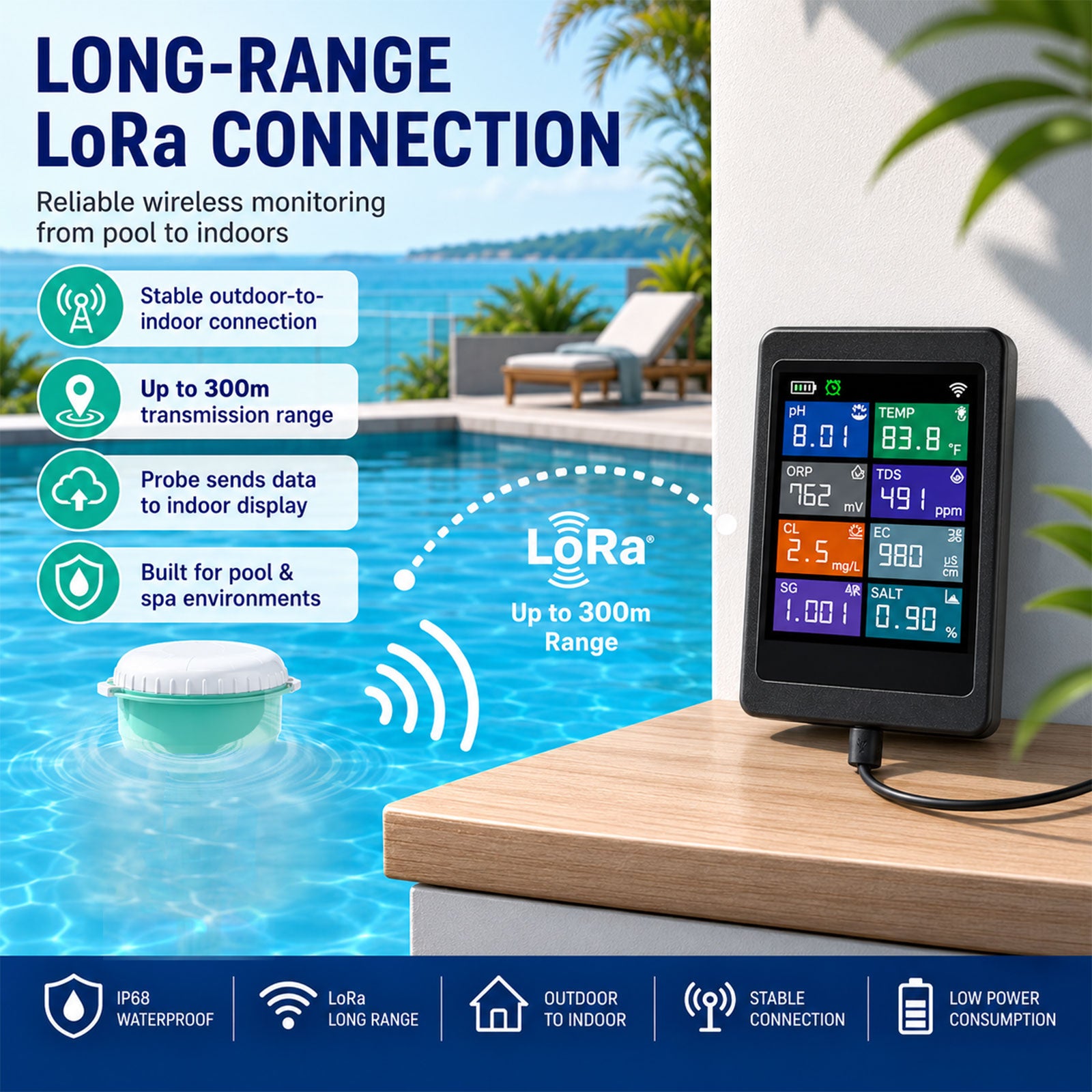 WQM-553 8-in-1 Wifi Tuya Smart Swimming Pool Water Monitor for pH / Temperature / TDS / Electrical Conductivity / Salinity / Chlorine / Specific Gravity / ORP for Pool, Spa, Tubs