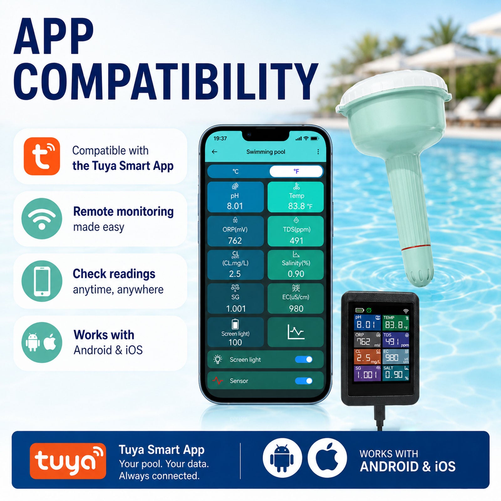 WQM-553 8-in-1 Wifi Tuya Smart Swimming Pool Water Monitor for pH / Temperature / TDS / Electrical Conductivity / Salinity / Chlorine / Specific Gravity / ORP for Pool, Spa, Tubs