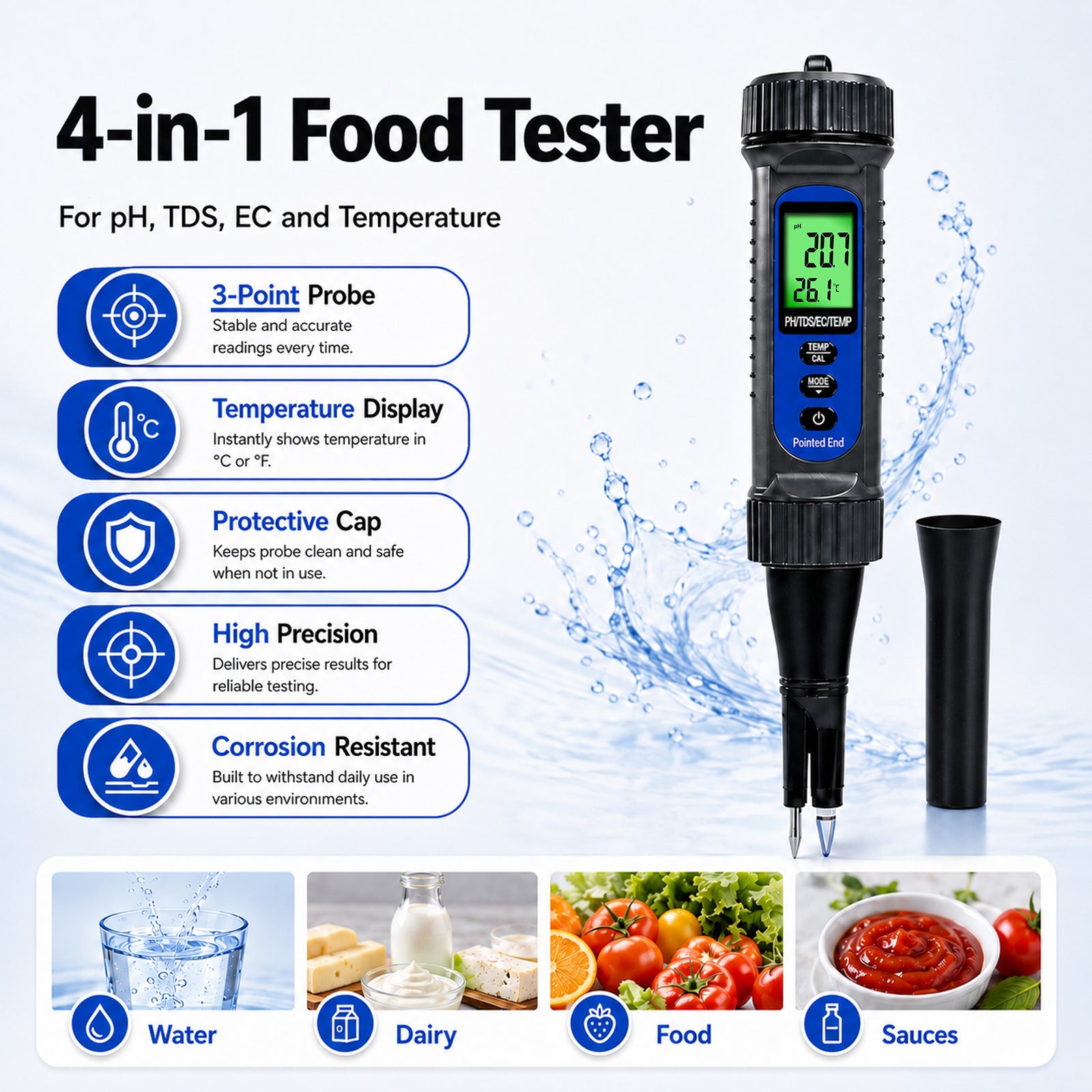 WQM-559 Digital 4-in-1 Food pH Tester, Pentype pH TDS EC Temperature Meter with Replaceable Probe, ATC, Backlit Display for Sourdough, Dough, Meat, Cheese, Jam, Water & Soil