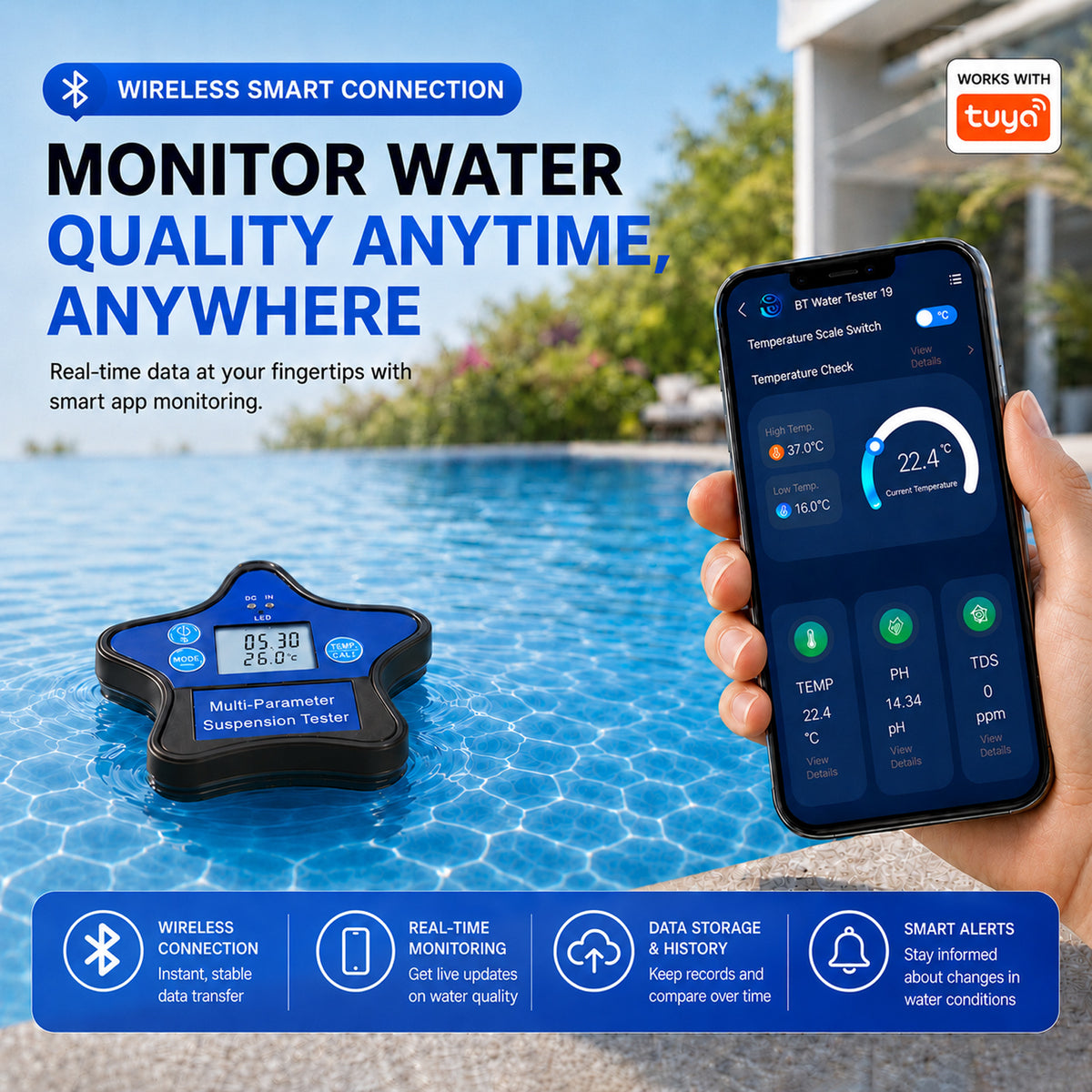 WQM-560 Floating Water Quality Tester 9-in-1 pH ORP Chlorine EC CF TDS Salt S.G. Temp, Smart Tuya App Compatible with iOS & Android, 24/7 Auto Water Monitoring for Aquariums, Pools, Hot Tubs, Spas & Hydroponics