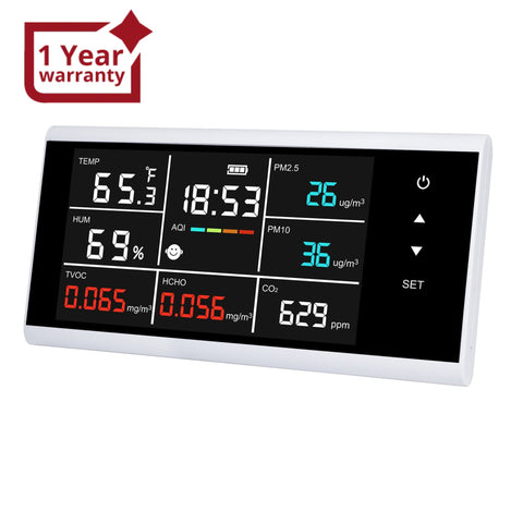 AQM-410 Portable 8-in-1 Indoor Air Quality Monitor CO2/TVOC/HCHO/AQI/PM2.5/PM10/Temp/RH with Time Clock Display in