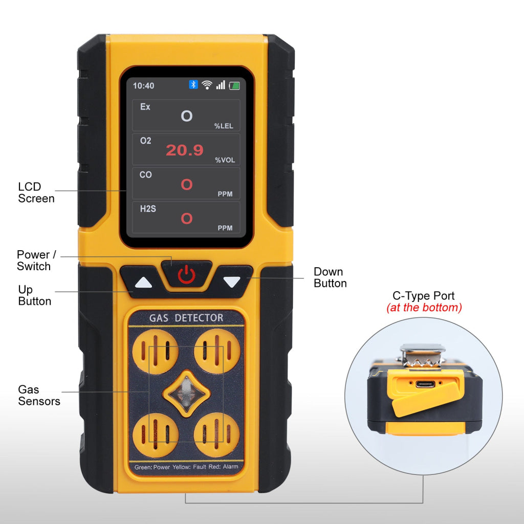 AQM-434 Gas Leak Detector 4-in-1 H2S|EX|O2|CO Tester Analyzer Instant Alerts Audible Light Vibration Alarm Natural