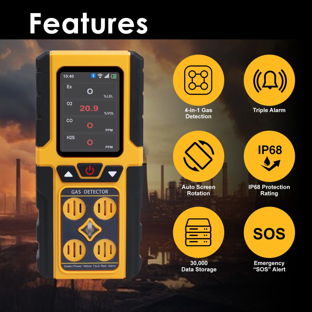 AQM-434 Gas Leak Detector 4-in-1 H2S|EX|O2|CO Tester Analyzer Instant Alerts Audible Light Vibration Alarm Natural