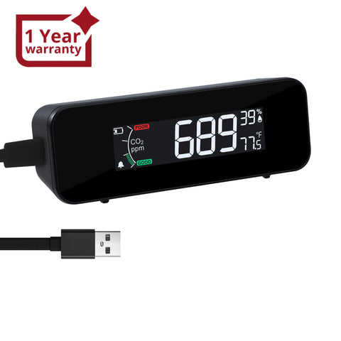 AQM-481 Portable CO2 Monitor with Temperature & Humidity Measurement NDIR Sensor Technology 3-Color Air Quality Alert