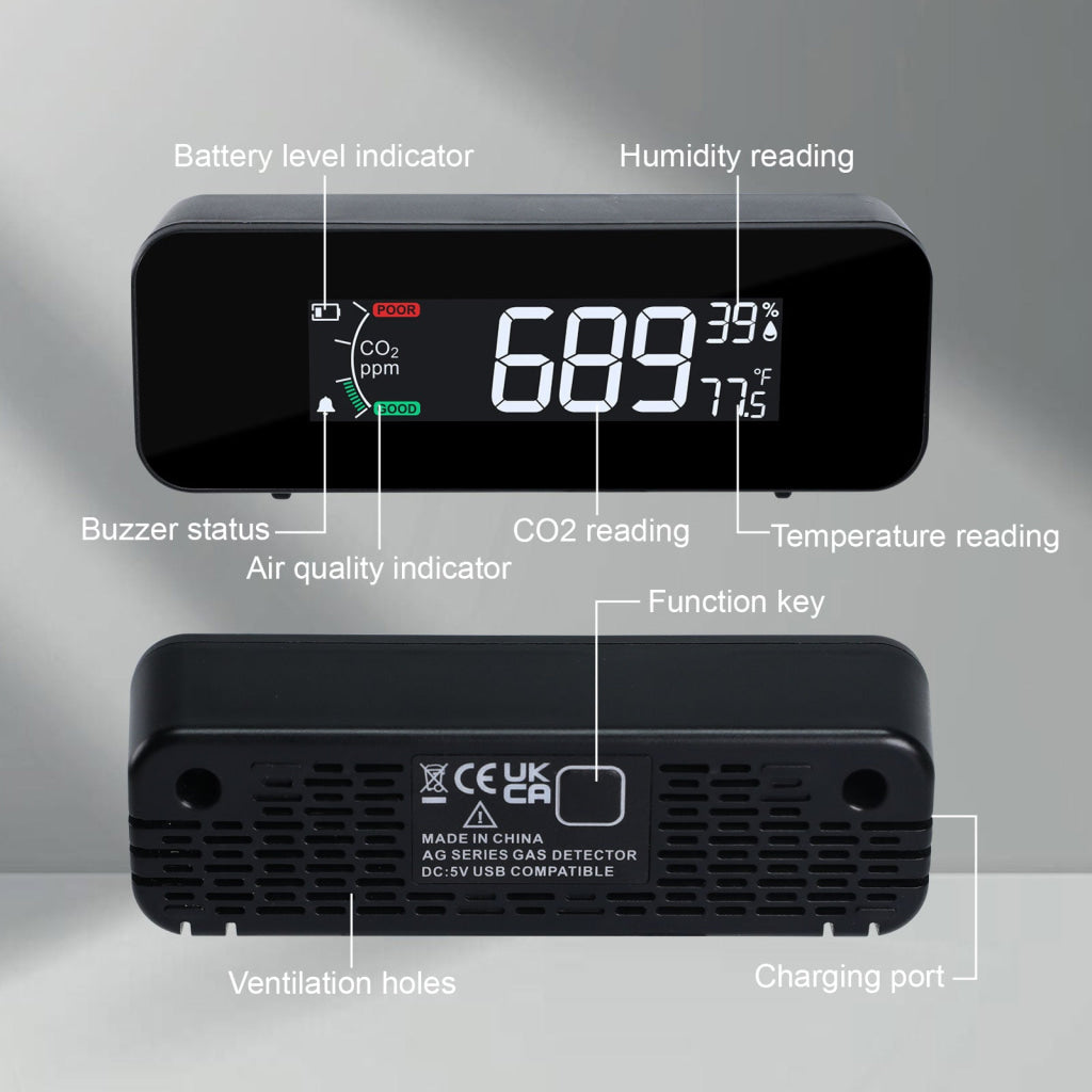 AQM-481 Portable CO2 Monitor with Temperature & Humidity Measurement NDIR Sensor Technology 3-Color Air Quality Alert