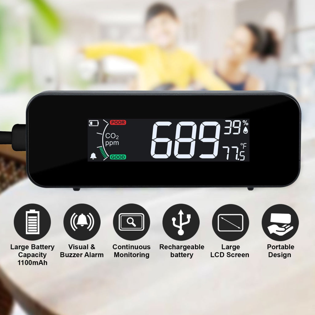 AQM-481 Portable CO2 Monitor with Temperature & Humidity Measurement NDIR Sensor Technology 3-Color Air Quality Alert