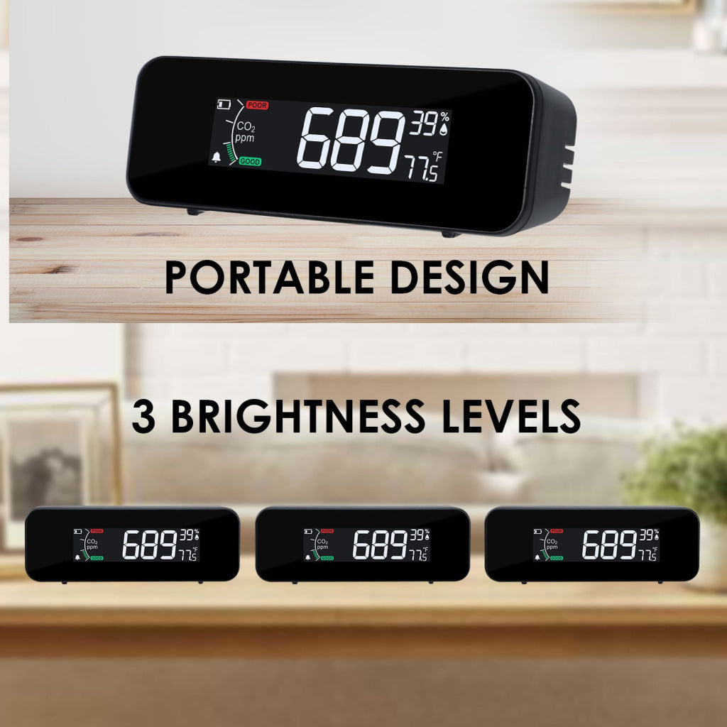 AQM-481 Portable CO2 Monitor with Temperature & Humidity Measurement NDIR Sensor Technology 3-Color Air Quality Alert
