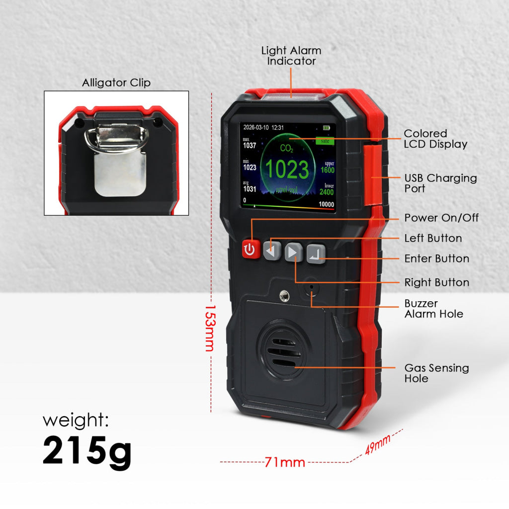 AQM-551 Portable CO2 Detector Carbon Dioxide Gas Monitor 0~10000ppm with Alarm Indicator 7605 Data Logging Capacity