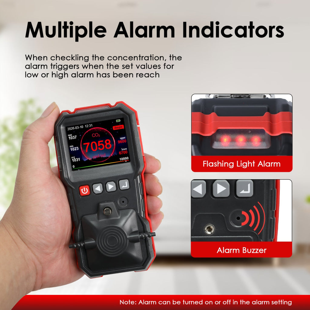 AQM-551 Portable CO2 Detector Carbon Dioxide Gas Monitor 0~10000ppm with Alarm Indicator 7605 Data Logging Capacity