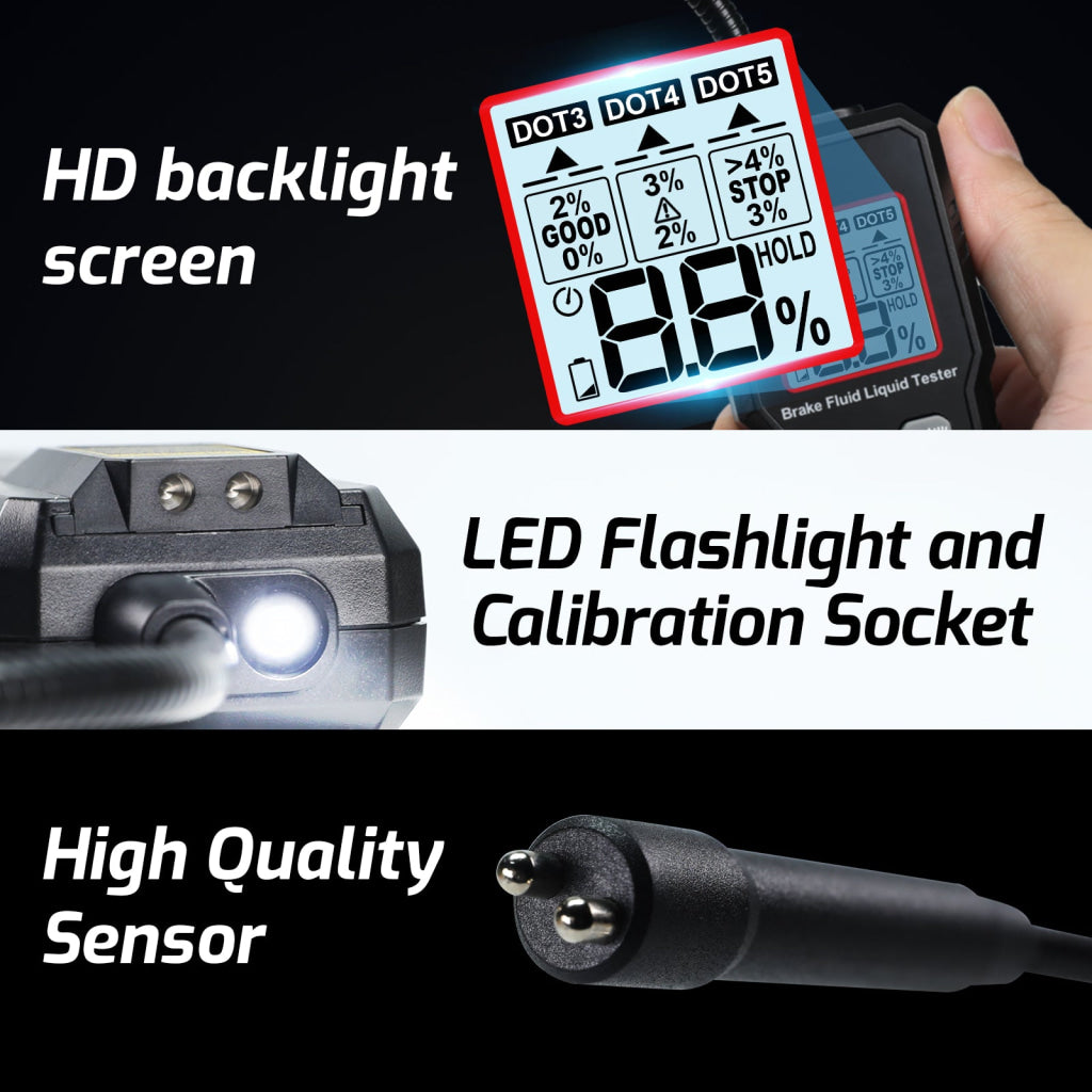 BFT-505 Brake Fluid Tester 0~4% Range Digital Brake Oil Detector for DOT3 DOT4 DOT5.1 Color Backlight & Buzzer Alarm