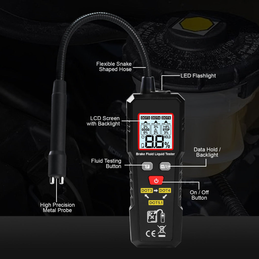 BFT-505 Brake Fluid Tester 0~4% Range Digital Brake Oil Detector for DOT3 DOT4 DOT5.1 Color Backlight & Buzzer Alarm