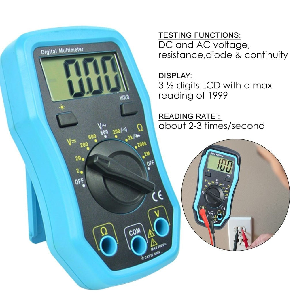 E04 - 008 E04 - 008 Digital Multimeter w/ Test Leads, Overload Protection, DC AC Voltage Resistance Diode Measure DMM Multi Meter Tester 1999 Readings, Backlight - Gain Express