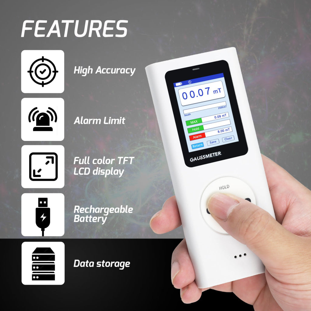 EMF-506 Digital Gauss Meter / Tesla Meter - High Precision Portable Magnetic Field Detector 0~25k Gs (0~2500 mT) Range