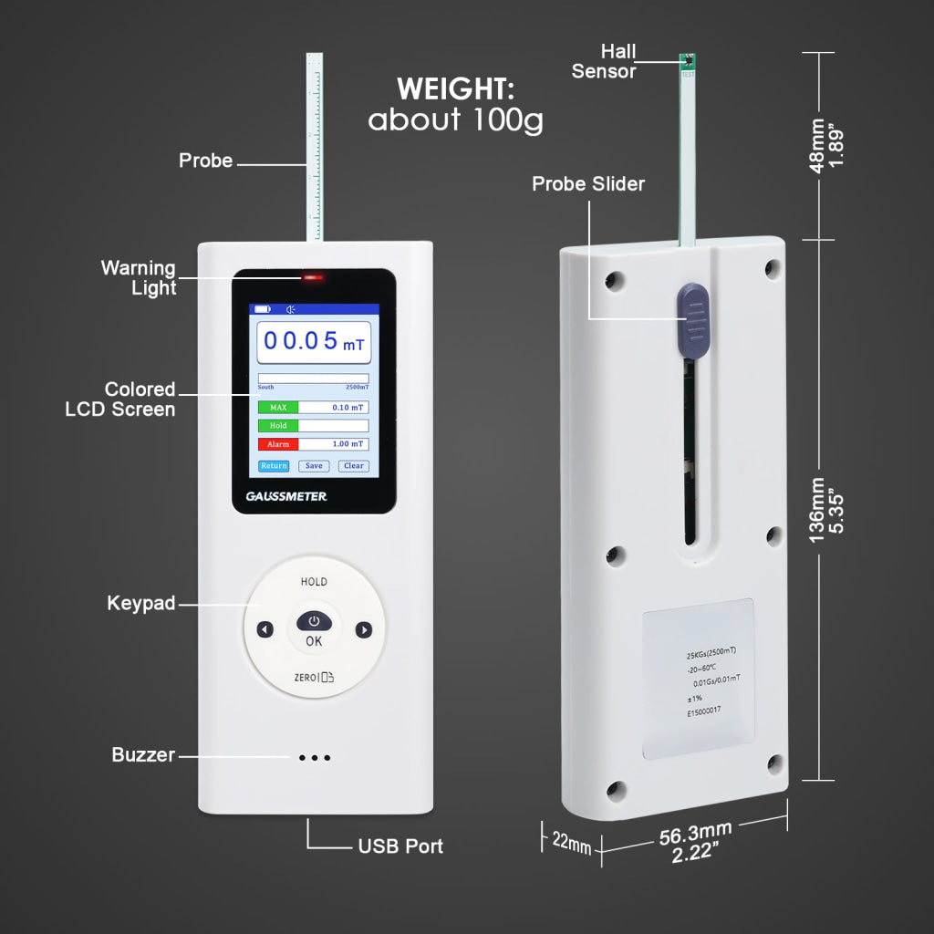 EMF-506 Digital Gauss Meter / Tesla Meter - High Precision Portable Magnetic Field Detector 0~25k Gs (0~2500 mT) Range