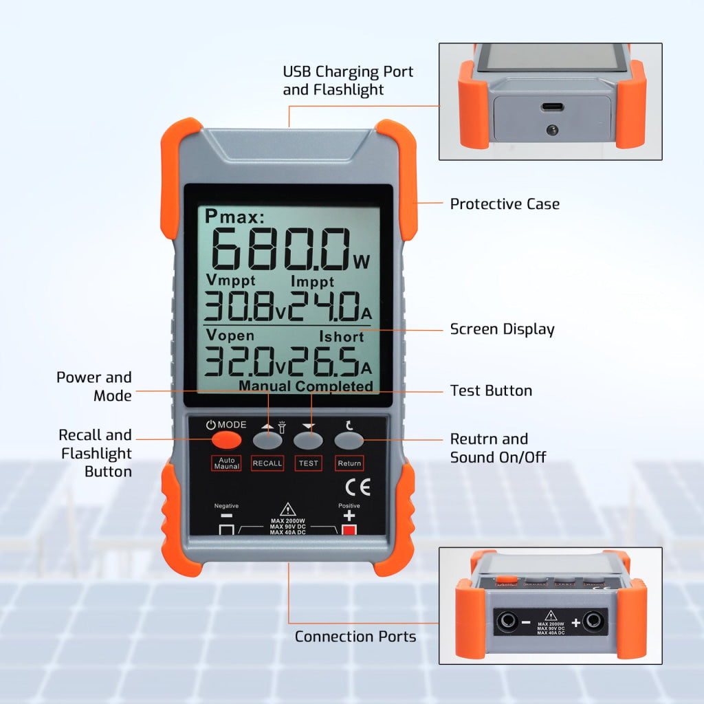 EMF-541 2000W Solar Panel Tester MPPT Photovoltaic Meter with Data Storage Full Protection & Color Screen | Portable PV