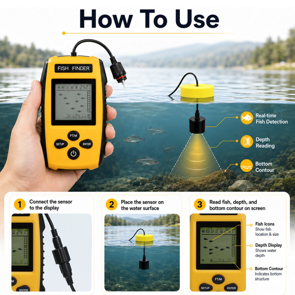 FFW-572 Portable Fish Finder Wired Sonar Fish Depth Finder with 25ft Cable Floating Transducer LCD Display & Backlight