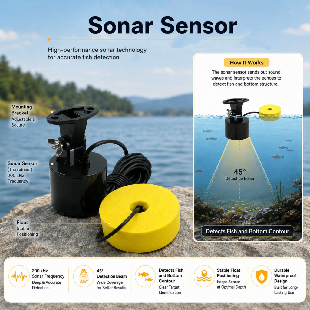 FFW-572 Portable Fish Finder Wired Sonar Fish Depth Finder with 25ft Cable Floating Transducer LCD Display & Backlight