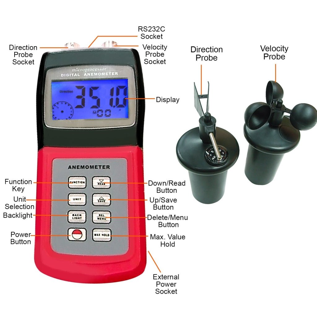 Multi Direction Anemometer AM-4836C Digital Multi-function Thermo Anemometer with 3-Cup Type ...