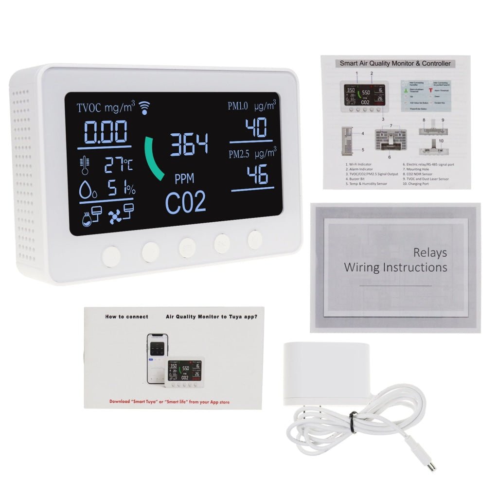 AQM-345 Smart Indoor Air Quality Monitor CO2 Meter, TVOC, Humidity, Temperature, PM2.5, PM1.0 With Relay Output APP Control Meter For Home Offices Schools - Gain Express