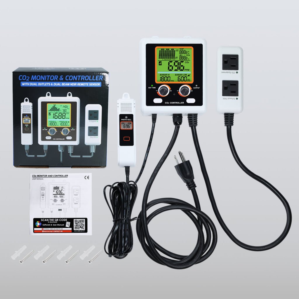 AQM - 419_US AQM - 419 Dual - Output CO2 Controller Carbon Dioxide Monitor with Day & Night Auto Detection, Temperature and Humidity Measurement, 15ft Remote NDIR CO2 Sensor, and Trend Chart for Greenhouses, Offices, Factories, Homes, etc. - Gain Express