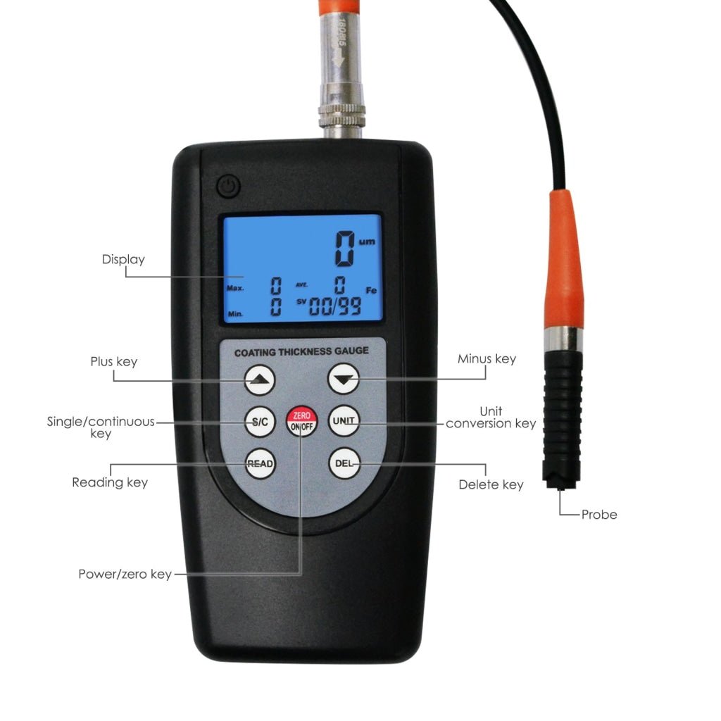CM - 1210B CM - 1210B Coating Thickness Meter Gauge F & NF 99 Memories Max Min Avg, Magnetic Induction Eddy Current 0~2000μm 0~80mil Non - Magnetic Non - conductive Material Thick Measure Tester, Substrate Auto Detection - Gain Express
