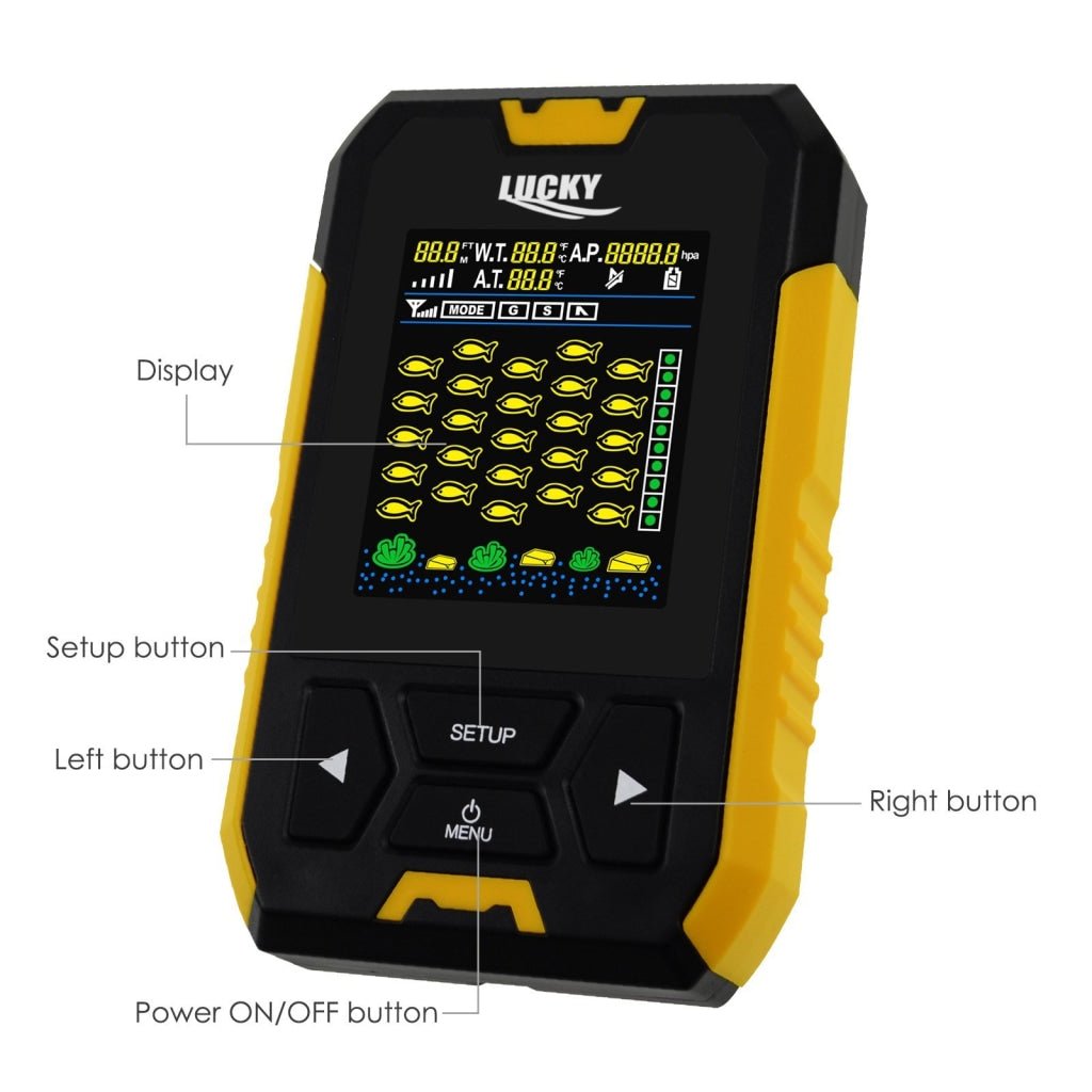 FF - 218TPA FF - 218TPA LUCKY Fish Finder Color Display Fishfinder Fishing Locator, Wireless Sonar Sensor 45m (147.6ft) Depth Range, Shallow Slop Raft Ice Mode Air & Water Temperature Air Pressure - Gain Express