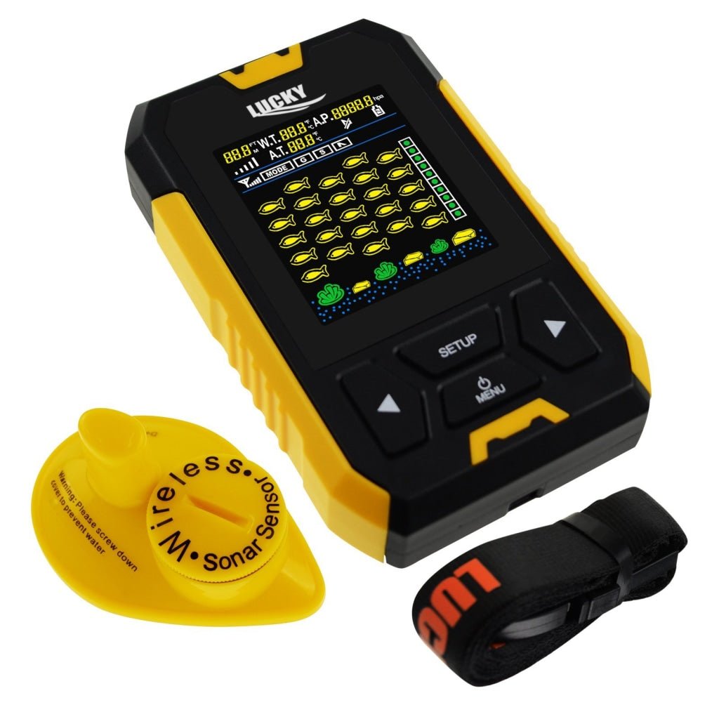 FF - 218TPA FF - 218TPA LUCKY Fish Finder Color Display Fishfinder Fishing Locator, Wireless Sonar Sensor 45m (147.6ft) Depth Range, Shallow Slop Raft Ice Mode Air & Water Temperature Air Pressure - Gain Express