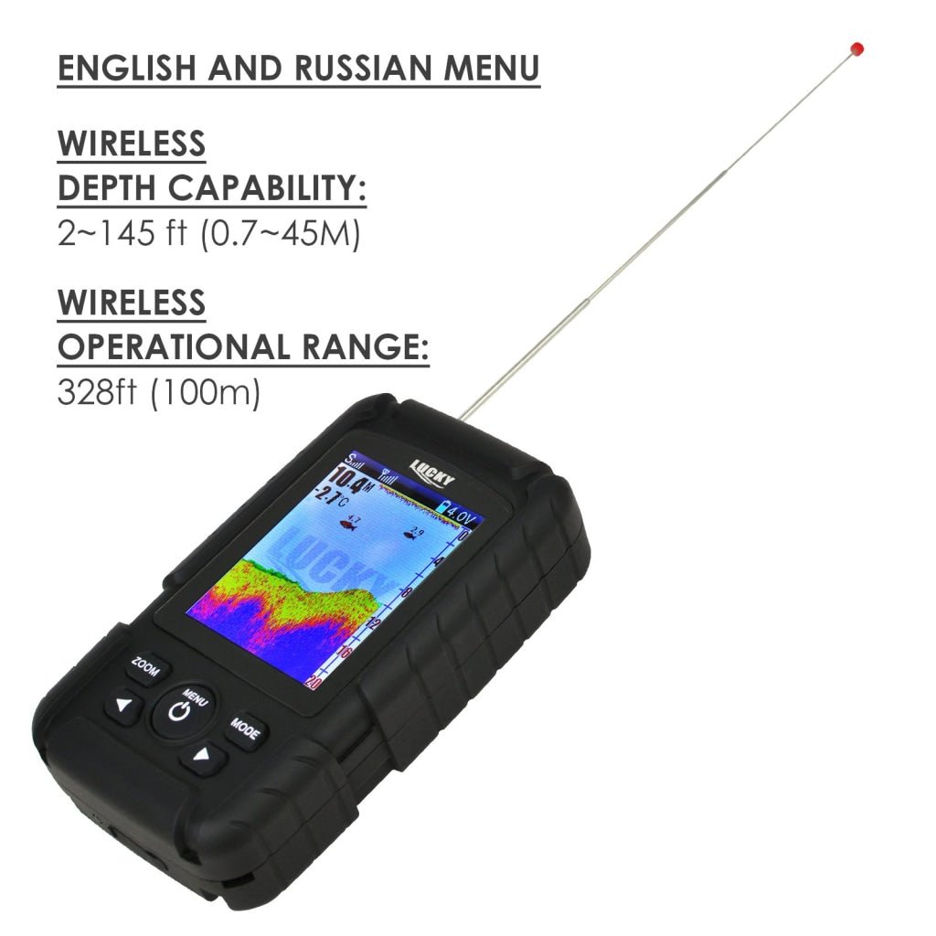 FF - 718LIC - W FF - 718LIC - W Lucky Rechargeable Colored LCD Fish Finder Locator Detector with 100m (328ft) Wireless Sonar Sensor & 45M (145ft) Depth Coverage, Fish & Depth Alarm, Water Temperature °C or °F. Waterproof Main Unit & Sensor - Gain Express