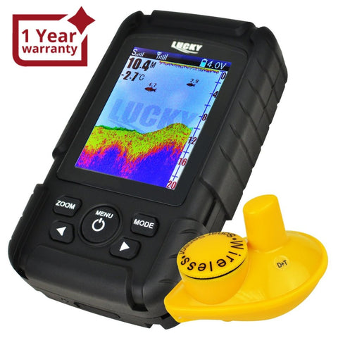 FF - 718LIC - W FF - 718LIC - W Lucky Rechargeable Colored LCD Fish Finder Locator Detector with 100m (328ft) Wireless Sonar Sensor & 45M (145ft) Depth Coverage, Fish & Depth Alarm, Water Temperature °C or °F. Waterproof Main Unit & Sensor - Gain Express
