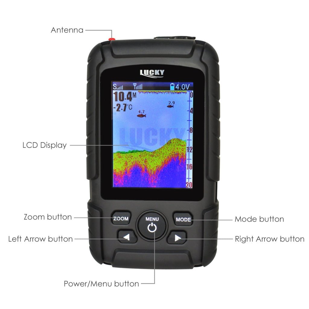 FF - 718LIC - W FF - 718LIC - W Lucky Rechargeable Colored LCD Fish Finder Locator Detector with 100m (328ft) Wireless Sonar Sensor & 45M (145ft) Depth Coverage, Fish & Depth Alarm, Water Temperature °C or °F. Waterproof Main Unit & Sensor - Gain Express