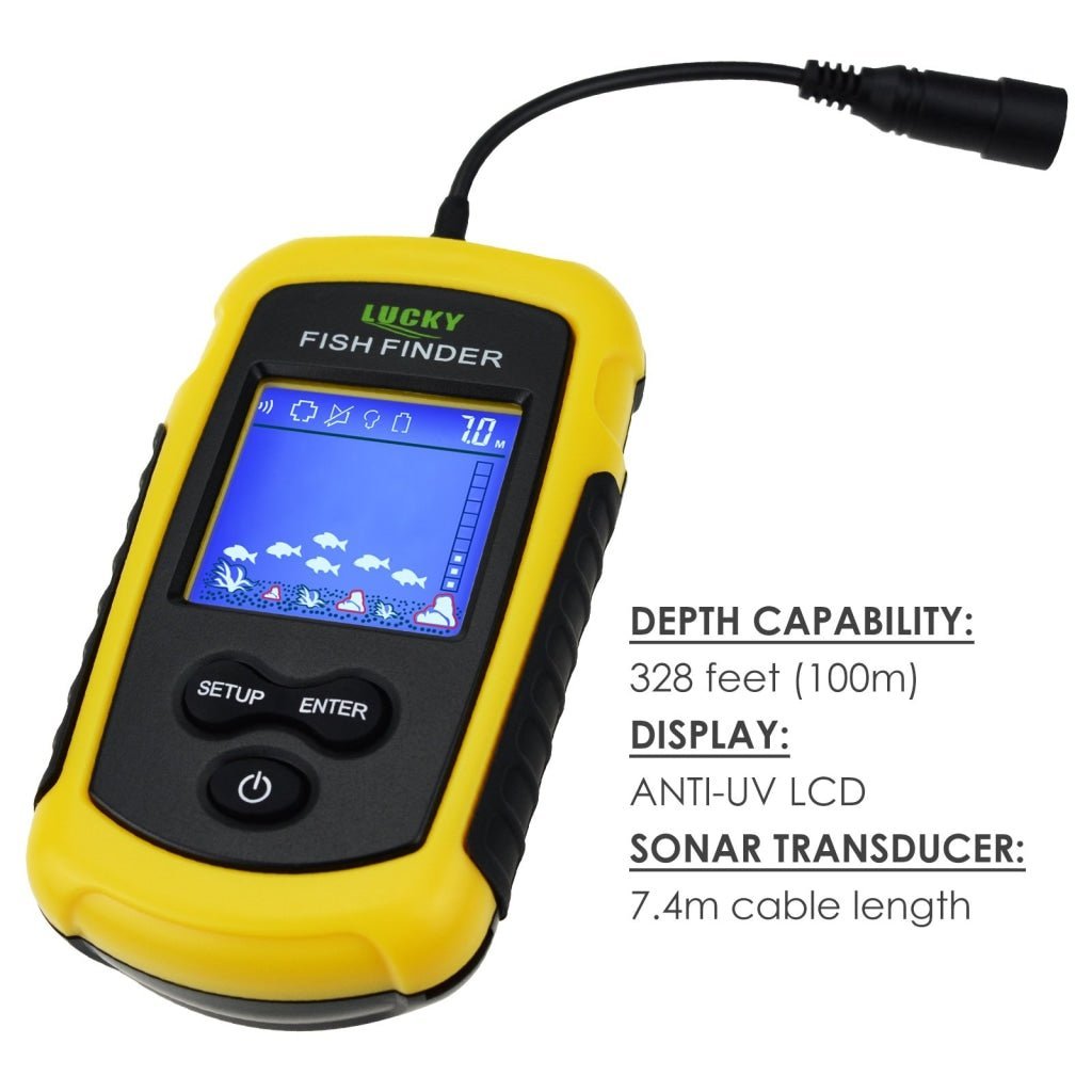 FFC-1108-1 Lucky Portable Fish Finder Sonar, TN/ Anti-UV LCD Display with Clear LED Backlight for Night Fishing, Wired Fishfinder with Alarm, 100M (328ft) Depth Detection, Turbid Water, Reservoir, Sea, River, lake, Boat FFC-1108-1 Lucky Portable Fish Finder Sonar, TN/ Anti-UV LCD Display with Clear LED Backlight for Night Fishing, Wired Fishfinder with Alarm, 100M (328ft) Depth Detection, Turbid Water, Reservoir, Sea, River, lake, Boat