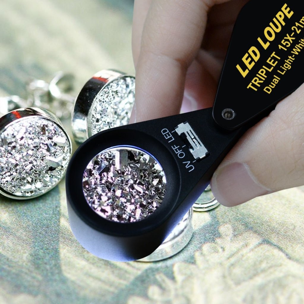 GEM - 247 15x 21mm Optic Glass Loupe 6 LED & UV Light Magnifier Jeweler Foldaway Pocket Black Frame Triplet Lens Magnifying Gem Jeweler Mechanics Photographer Hobbyist Watchmaker - Gain Express