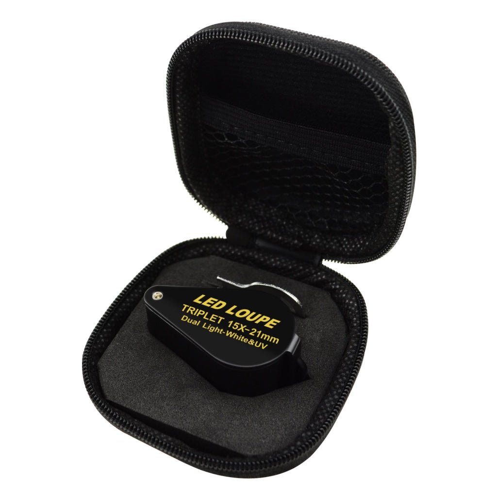 GEM - 247 15x 21mm Optic Glass Loupe 6 LED & UV Light Magnifier Jeweler Foldaway Pocket Black Frame Triplet Lens Magnifying Gem Jeweler Mechanics Photographer Hobbyist Watchmaker - Gain Express