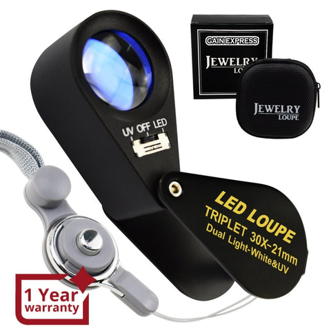GEM - 249 GEM - 249 30x Magnification Jewelry Gem Loupe with UV & 6 LED Light, 21mm Optical Glass Triplet Magnifiers Lens Portable Handheld Magnifying Tool Jeweller Stamp & Coin Collectors Foldaway And Black Frame Design Metal Body - Gain Express