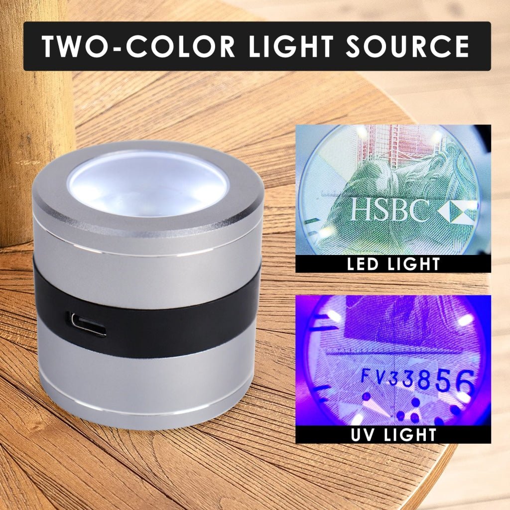 GEM - 386 GEM - 386 Rechargeable 10X Full Metal Jeweler Optical Magnifying Glass 5 LED 5 UV Light Scale Loupe USB Charging Lens Jewelry Gemstone Magnifier Tool - Gain Express