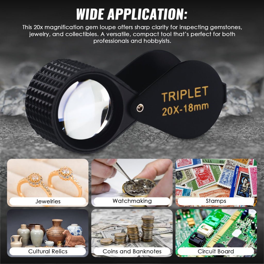 GEM - 451_10X GEM - 451 Magnifier Mini Jeweler Loupe (10X / 20X / 30X) 18mm High - Quality Optical Triplet Lens Battery Free Inspection Ideal for Jewelers, Gemologists, Collectors and Repairs - Gain Express