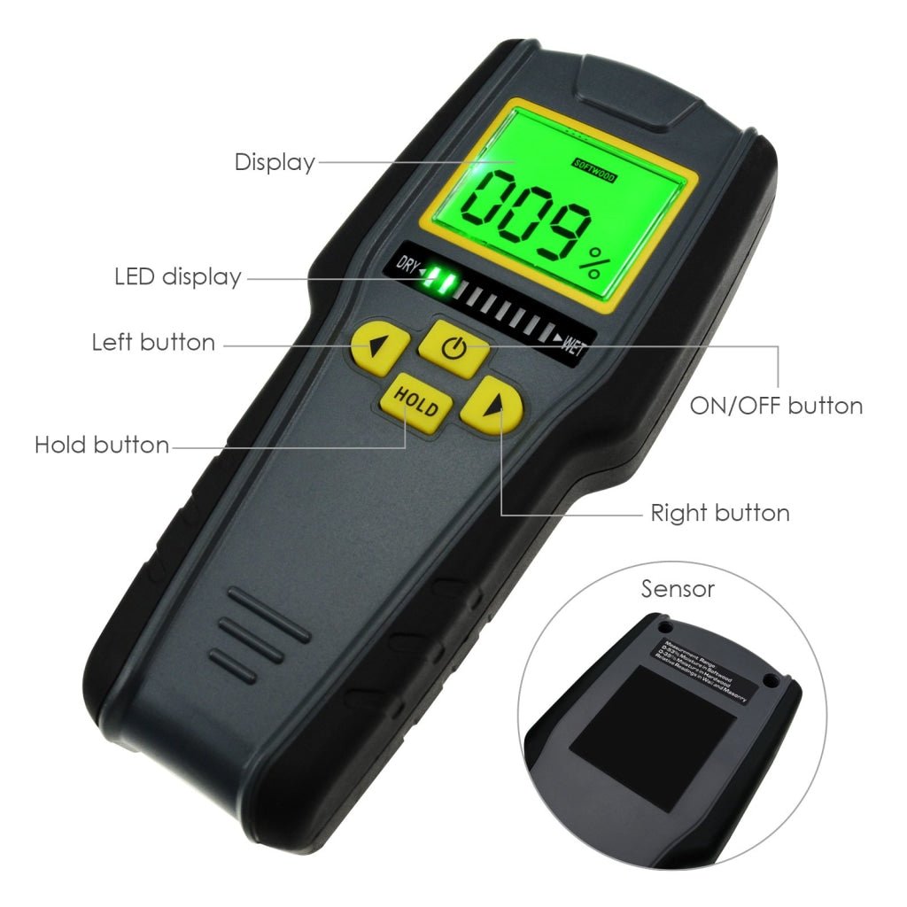 KC - 318 KC - 318 Digital Pinless Non - invasive Inductive Moisture Meter Hard Soft Wood Drywall Masonry Scanner Tricolor Bar Graph Indicator Intelligent Lumber Timber Board Wet Dry Tester Traders Craftsmen DIY - Gain Express