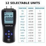 MAN - 334 MAN - 334 Digital Manometer Portable Air Vacuum / Gas Pressure Gauge Meter 12 Measurement Units with Backlight and Data storage Function Sing Pipe or Differential Pressure of 1 - 2 Pipes Detection - Gain Express