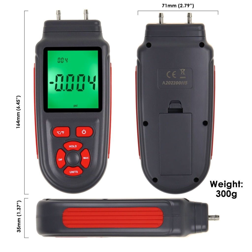 MAN - 346 Handheld Manometer Dual Differential Digital Gas Pressure Tester with Backlight 12 Selectable Units Air Pressure Gauge HVAC Tester with Data Storage Function - Gain Express
