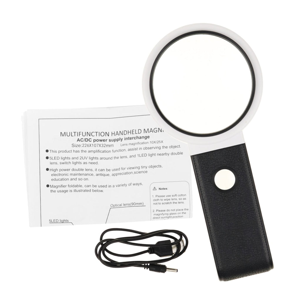 MLL - 362 MLL - 362 Multifunction Magnifier Double Lens 10x and 25x Magnification with AC/DC Power 5LED and 2UV Light 90mm Optical Lens Handheld or Desktop Used - Gain Express