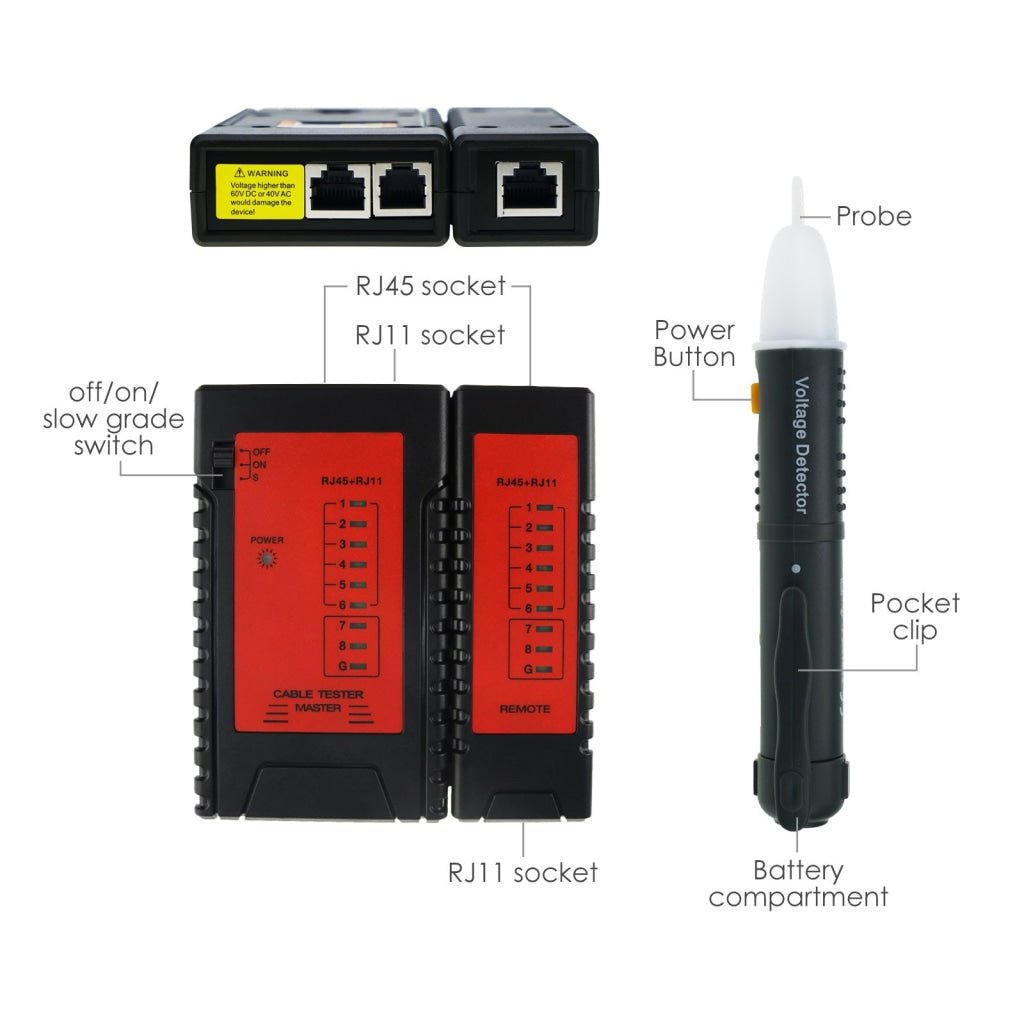 NF - 1107 Network Cable Testing Diagnostic Tool Kit Set - Ethernet LAN Cable Tester Wire Tracker Voltage Detector Punch Tool RJ45 RJ11 - Gain Express