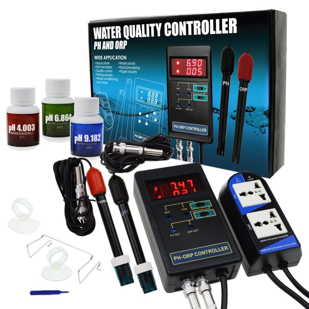 PHC - 244_110V PHC - 244 2 in 1 Digital pH & ORP Redox Controller with Separate Relays Replaceable Electrode BNC Type Probe Water Quality Monitor Tester for Aquarium Hydroponics Tank 14.00pH / 1999mV with Calibration Solution - Gain Express