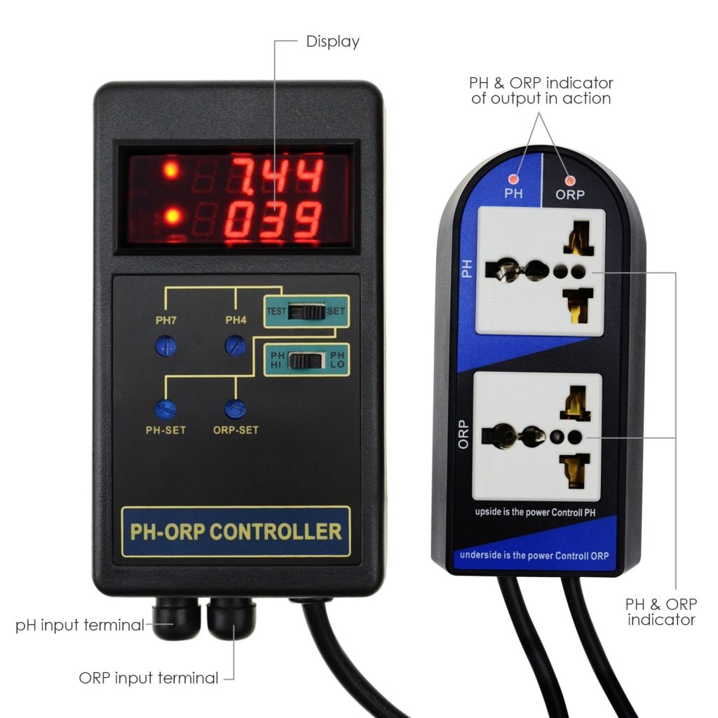 PHC - 244_110V PHC - 244 2 in 1 Digital pH & ORP Redox Controller with Separate Relays Replaceable Electrode BNC Type Probe Water Quality Monitor Tester for Aquarium Hydroponics Tank 14.00pH / 1999mV with Calibration Solution - Gain Express