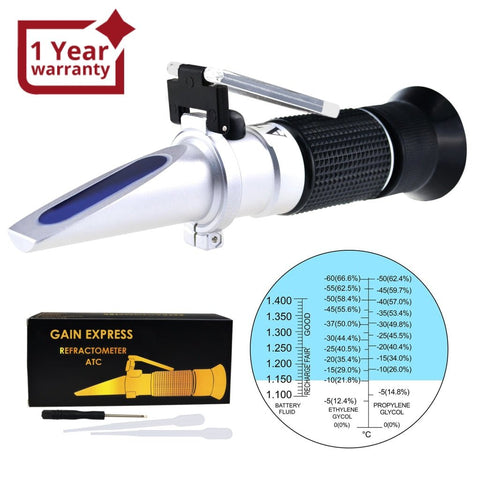 REA - 200ATC REA - 200ATC 3 - in - 1 Automotive Battery Antifreeze Refractometer, - 60~0°C Ethylene/ - 50~0°C Propylene Glycol/ 1.100 - 1.400 Battery Fluids Specific Gravity, Battery Charge Test Cooling System Coolant Freezing Point - Gain Express