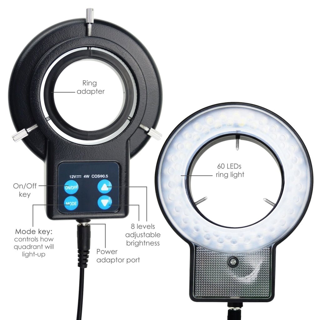 RLT - 207 60 LED Microscope Ring Light Scope Illuminator with 4 - Zone Quadrant Control, Adapter Fitting and 8 Adjustable Brightness Level 40~60mm Diameter - Gain Express